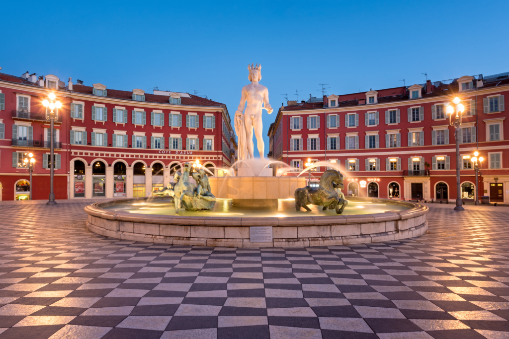 Place Masséna is the main square in Nice and a hub of activity. Surrounded by stunning architecture and lined with shops and cafes, it’s a lively spot where locals and tourists alike gather