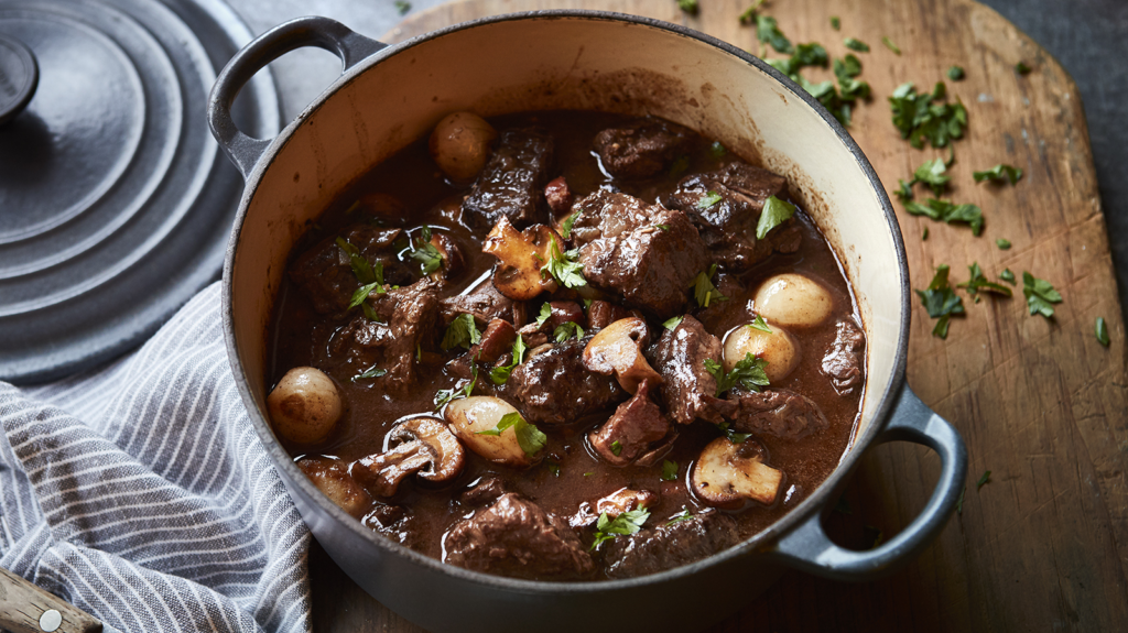 boeuf Bourguignon is a rich beef stew originating from the Burgundy region of France , making it a delicious french food all people want to try