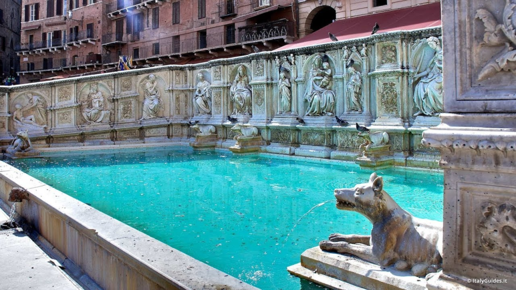 Fonte Gaia is the most famous fountain in Siena, located at the top of Piazza del Campo