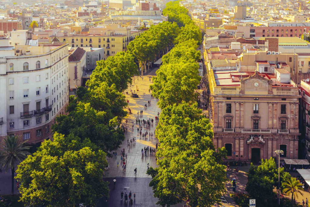 La Rambla is a bustling boulevard that runs through the heart of Barcelona, stretching from Plaça de Catalunya to the Christopher Columbus Monument at Port Vell