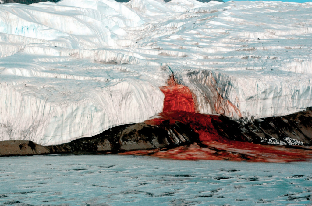 Blood Falls. Located in the McMurdo Dry Valleys, this waterfall oozes a deep red liquid, reminiscent of blood, from the Taylor Glacier. The sight is eerie and inexplicable at first glance, but there is a scientific explanation behind it