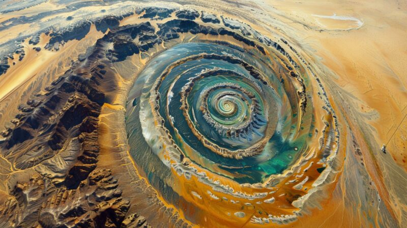 The Richat Structure, also known as the Eye of the Sahara, is a massive geological formation in the Sahara Desert of Mauritania