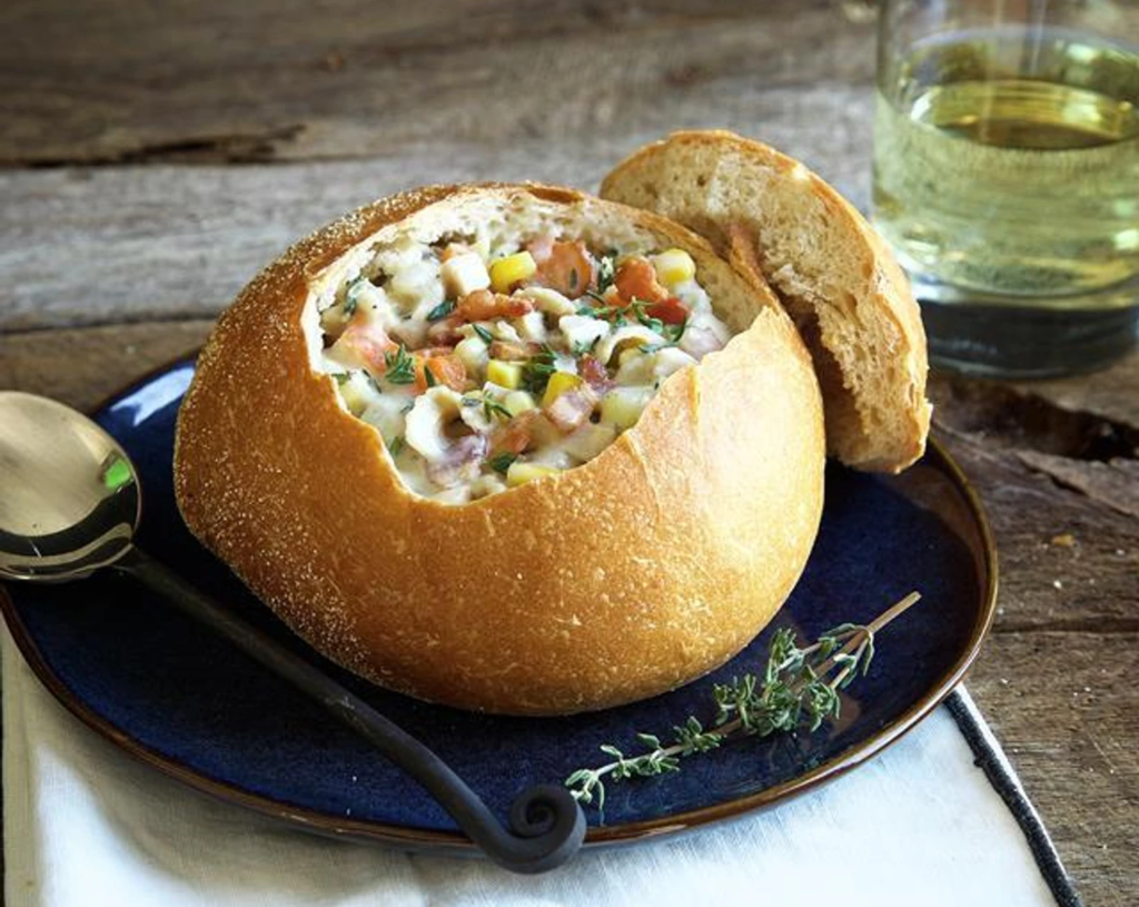 San Francisco’s clam chowder, served in a hollowed-out sourdough bread bowl, is an iconic dish that combines the city’s love for seafood and sourdough